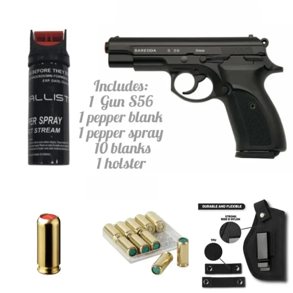 Baredda S56 Blank Gun with 10 Blank Bullets, 1 Pepper Bullet & Holster