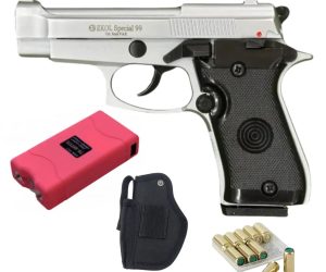 Ekol Special 99 Cal 9mm chrome, Stun Gun, Holster | 10 Blanks – Complete Self-Defense Kit