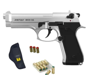 Retay Mod 92 Blank Gun chrome – Silver Finish with 3 Pepper Bullets, 10 Blank Bullets, and Holster