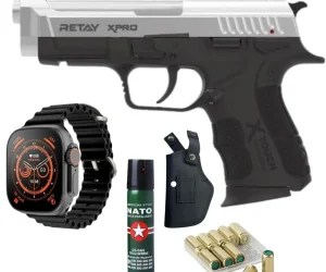 Retay XPro Chrome Blank Gun – Includes Holster, 10 Bullets, Pepper Spray, and Ultra Watch 8 Ultra