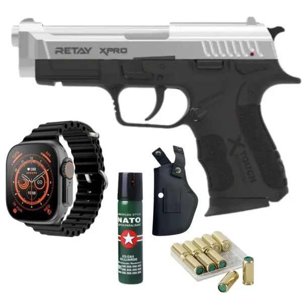 Retay XPro Chrome Blank Gun – Includes Holster, 10 Bullets, Pepper Spray, and Ultra Watch 8 Ultra