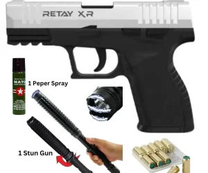 Retay XR Chrome Blank Gun – Includes Taser Light, 10 Bullets, and Pepper Spray